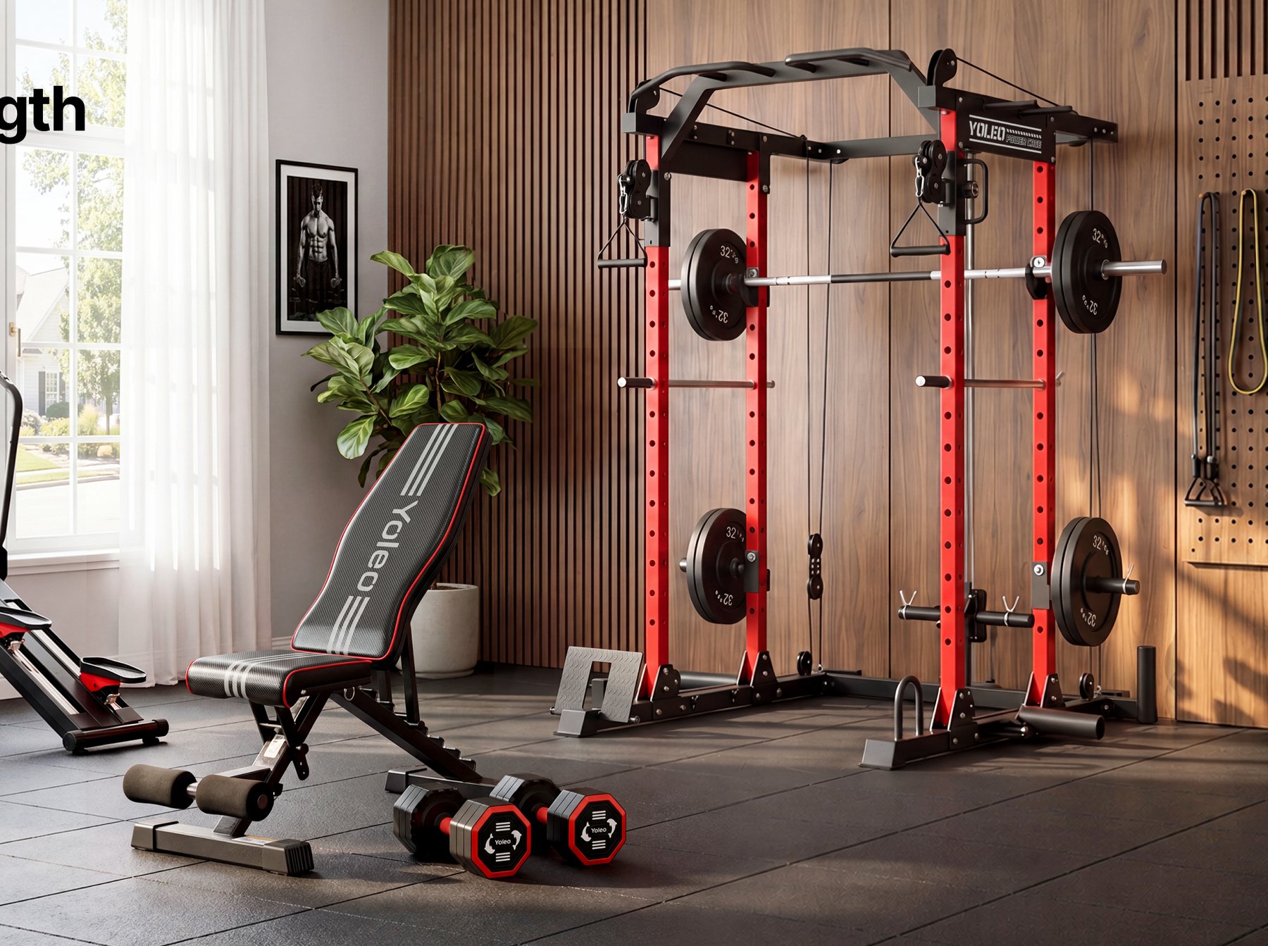 A YOLEO home gym line-up — rack, bench, stepper and dumbbells